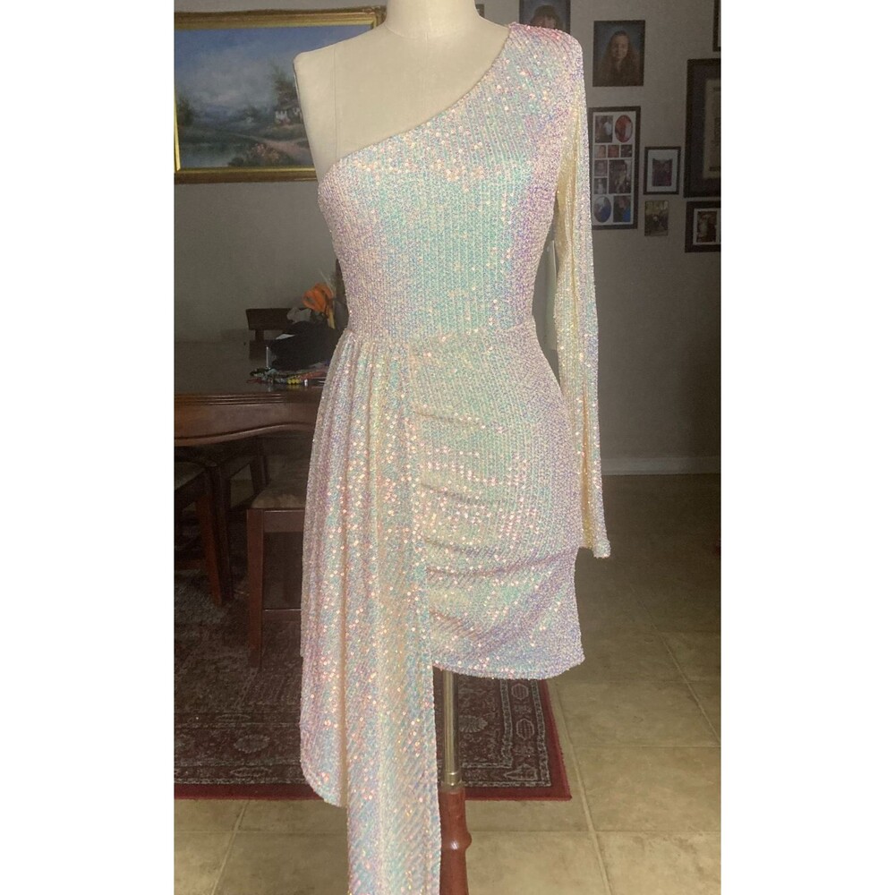 One Shoulder Mini Party Dress Long Sleeve Gold M Iridescent Sequin Assymetrical